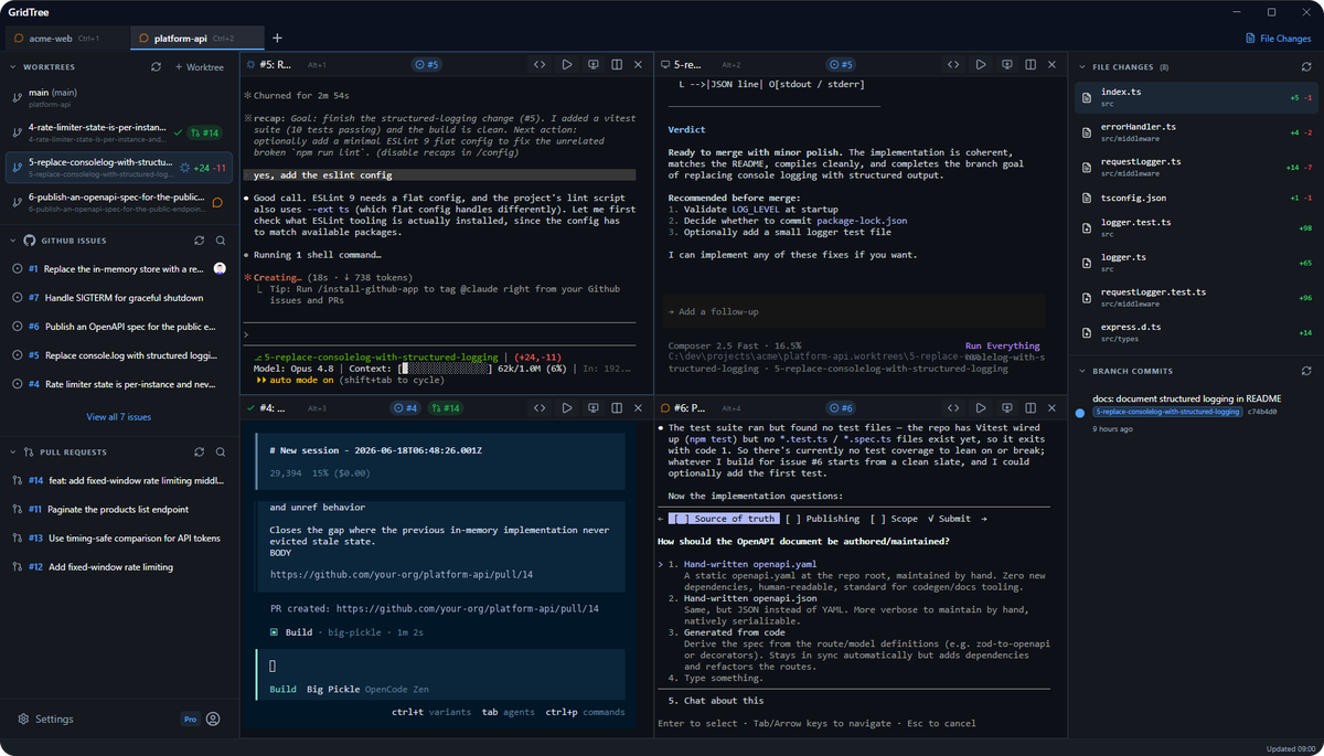 GridTree desktop app: a ticket and worktree list on the left, a code diff with terminal and coding-agent panes in the centre, and a pull-request summary with the changed-files list on the right.